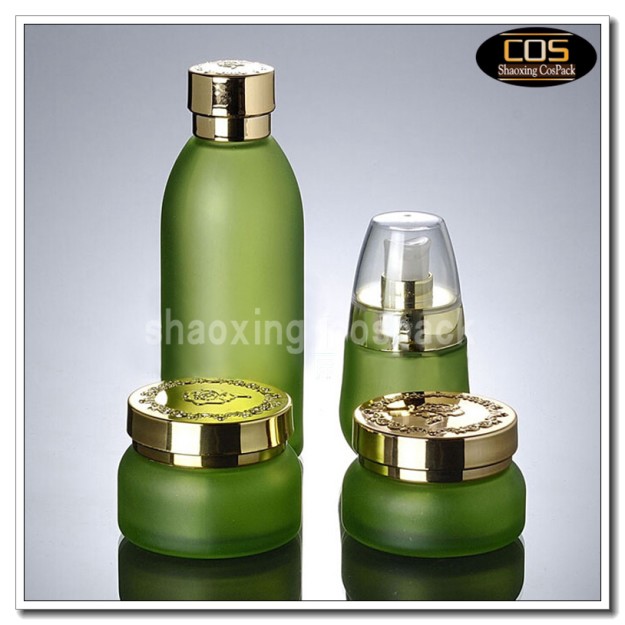 green frost glass cosmetic jar empty