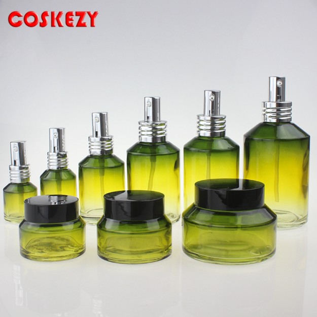 Gradient Green Glass Bottle With Pump, Glass Jar