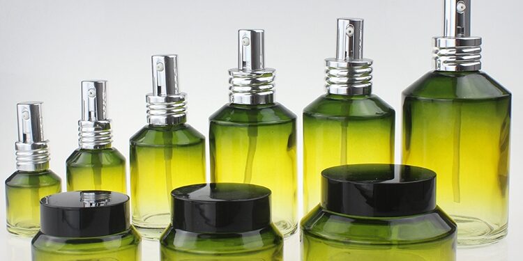 Gradient Green Glass Bottle With Pump, Glass Jar